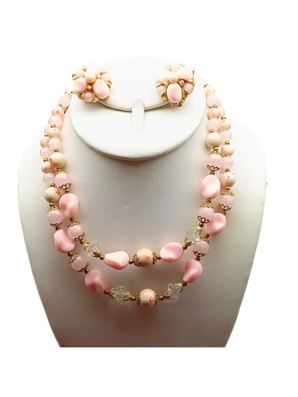 Vintage Pink Beaded Necklace And Earrings Set Gold Tone Floral Lucite Crystal